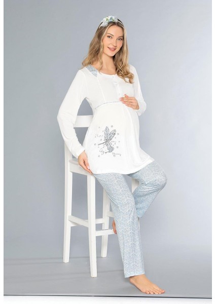 Lohusa Hamile Uzun Kol Pijama Takımı Nakış Detaylı Zakkum Flz 25-02