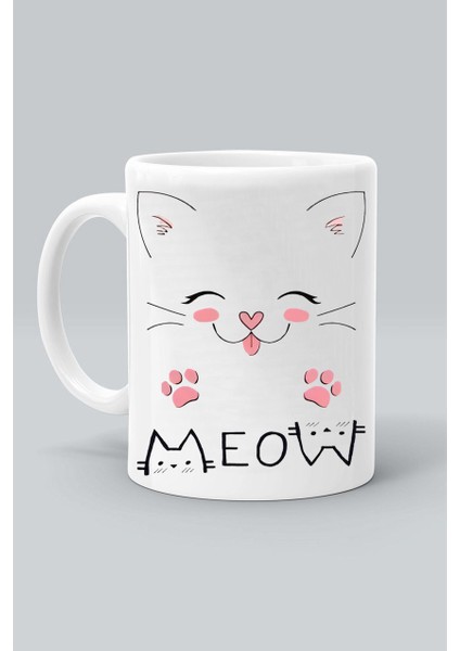 Meow Pembe Patili Kedi Baskılı Beyaz Klasik Kupa Bardak