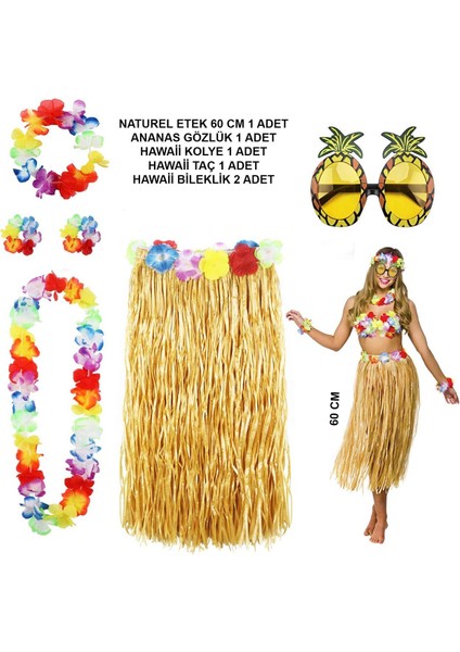 Hawaii Parti Kostüm Seti - 60 cm Hasır Etek, Çiçekli Aksesuarlar ve Ananas Gözlük