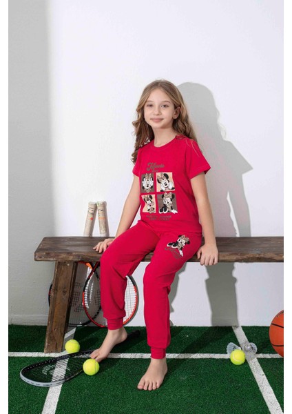 Kız Çocuk Mini Desenli Kırmızı Pijama Takımı