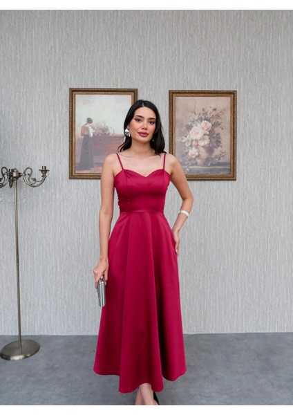 Askılı Saten Midi Elbise