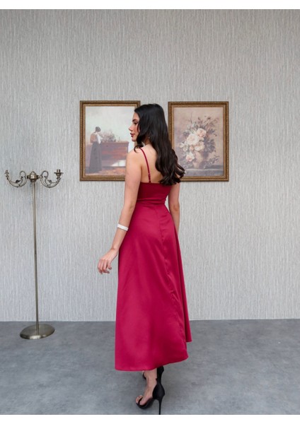 Askılı Saten Midi Elbise