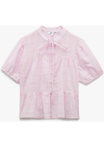 Pamuklu Bağlamalı Yaka Kısa Kollu Düğmeli Gömlek