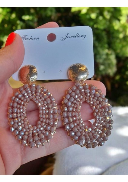 Kristal Boncuk Işlemeli Gold Detaylı Sallantılı Yazlık Küpe