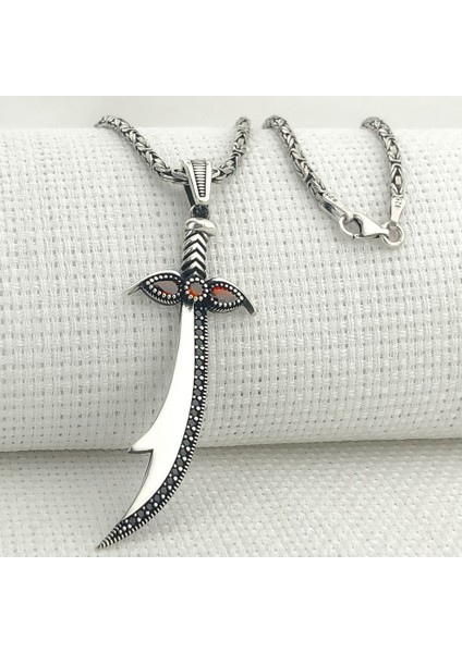 925 Ayar Gümüş Kırmızı Taşlı Zülfikar Kral Zincir Kolye