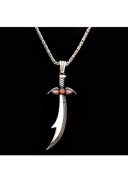 925 Ayar Gümüş Kırmızı Taşlı Zülfikar Kral Zincir Kolye fiyatları