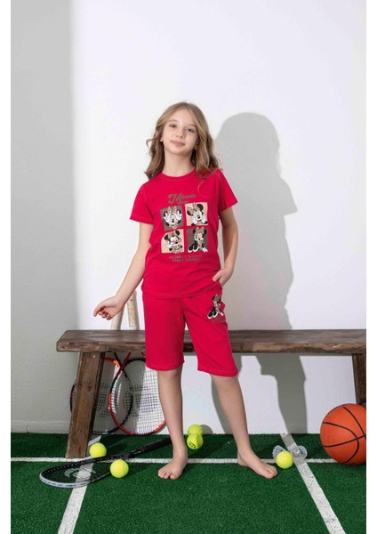 Kız Çocuk Mini Desenli Kırmızı Şortlu Pijama Takımı
