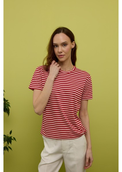 Kadın Kırmızı Çizgili Kısa Kollu T-Shirt fiyatları