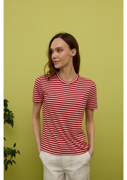 Kadın Kırmızı Çizgili Kısa Kollu T-Shirt modelleri