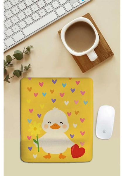 Bilek Destekli Kalpli Ördek Temalı Sarı Dikdörtgen Pürüzsüz Yüzey Dikişsiz Mouse Pad 18X22CM