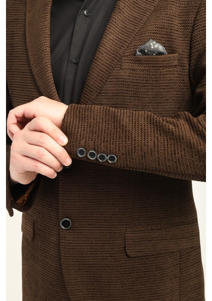 Kahverengi Mono Yaka Iki Düğme Çift Yırtmaç Blazer Tek Ceket Slim Fit | Agustini