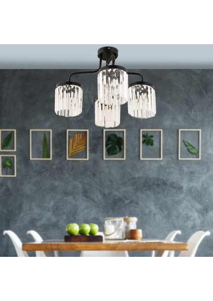Ayan 4lü Siyah Kristalli Taşlı Modern Tasarım Kristal Salon Avize