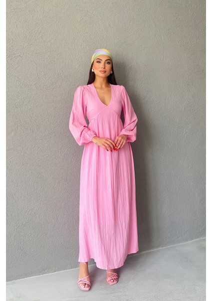 Pembe Gofre V Yaka Uzun Elbise