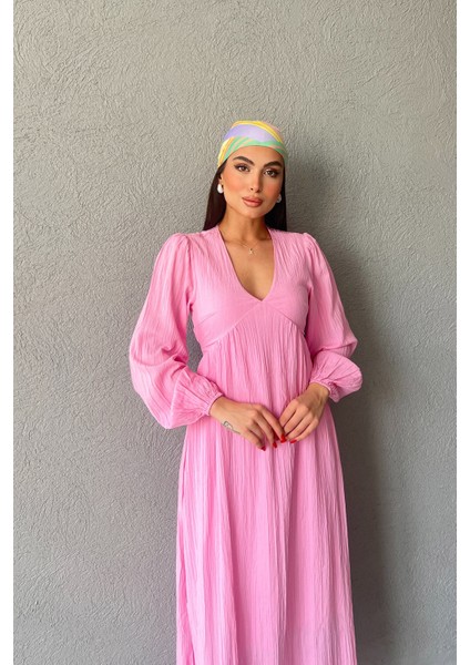 Pembe Gofre V Yaka Uzun Elbise
