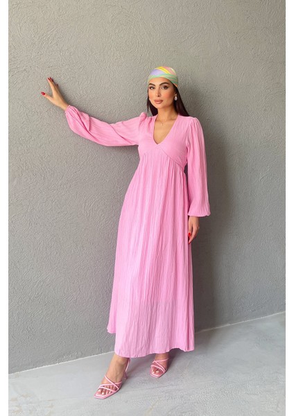 Pembe Gofre V Yaka Uzun Elbise