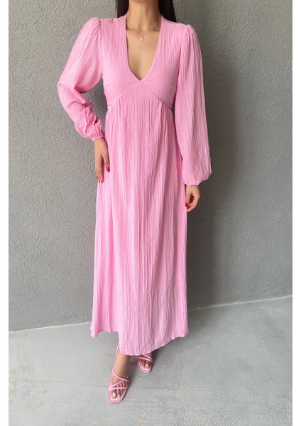 Pembe Gofre V Yaka Uzun Elbise