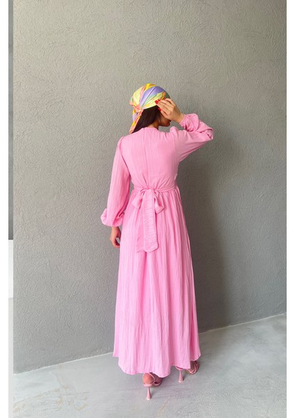 Pembe Gofre V Yaka Uzun Elbise