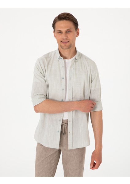 Erkek Çağla Keten Görünümlü Slim Fit Uzun Kollu Gömlek 50307025-VR016
