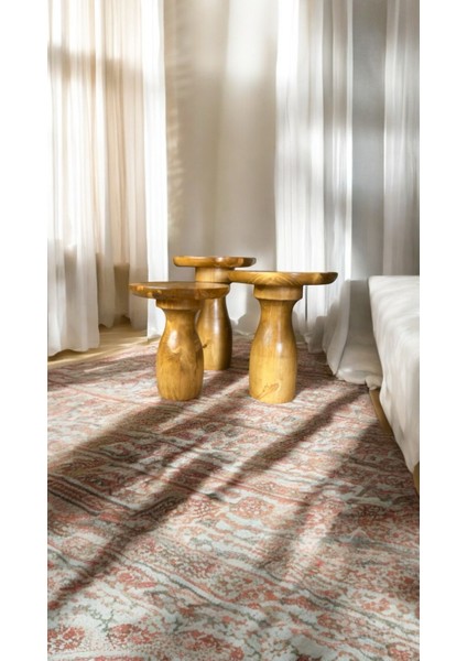 Wood Wooden Ahşap 3’lü Set Vazo Model Mantar Yan Sehpa Modern Tütün Renk Fiskos