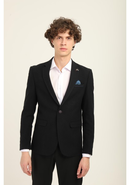 Siyah Kaşe Mono Yaka Tek Düğme Tek Yırtmaç Tek Ceket Slim Fit Kalıp | Agustini