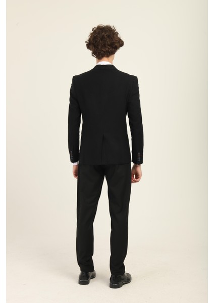 Siyah Kaşe Mono Yaka Tek Düğme Tek Yırtmaç Tek Ceket Slim Fit Kalıp | Agustini modelleri