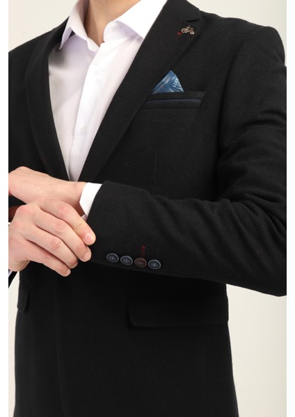 Siyah Kaşe Mono Yaka Tek Düğme Tek Yırtmaç Tek Ceket Slim Fit Kalıp | Agustini fırsatları