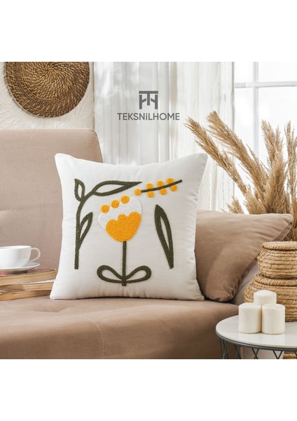 Punch Nakışlı Lale Desen 1 Adet Kırlent Kılıfı Dekoratif Yastık Kılıfı 43 x 43 cm
