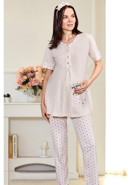 Lohusa Hamile Kısa Kol Pijama Takımı Nakış Detaylı Hastane Çıkışı Emzirme Düğmeli Flz 24-55