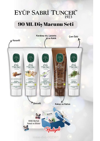 90 ml Diş Macun Seti Karanfil – Zencefil – Lavanta – Kakao - Çam Özlü ve Rosie Mendil