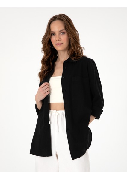 Kadın Siyah Oversize Keten Karışımlı Uzun Kollu Gömlek 50313128-VR046 modelleri