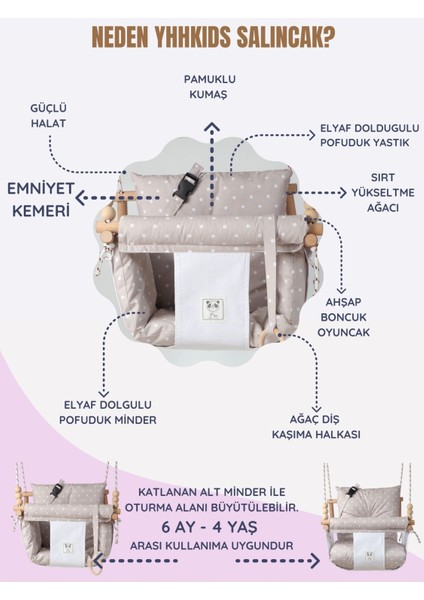 Emniyet Kemerli Bebek Salıncak Ağaç Salıncak Noktalı Bej