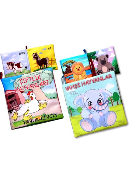 2 Kitap Tox Çiftlik Hayvanlar ve Vahşi Hayvanlar Kumaş Sessiz Kitap T58/T111 - Bez Kitap , Eğitici Oyuncak , Yumuşak ve Hışırtılı