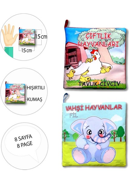 2 Kitap Tox Çiftlik Hayvanlar ve Vahşi Hayvanlar Kumaş Sessiz Kitap T58/T111 - Bez Kitap , Eğitici Oyuncak , Yumuşak ve Hışırtılı