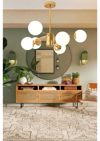 Milas 6'lı Gold Modern Avize (Beyaz Camlı)