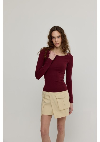 Kadın Bordo Geniş Yakalı Uzun Kollu T-Shirt