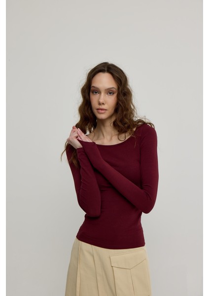 Kadın Bordo Geniş Yakalı Uzun Kollu T-Shirt fiyatları