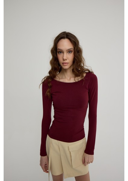 Kadın Bordo Geniş Yakalı Uzun Kollu T-Shirt modelleri
