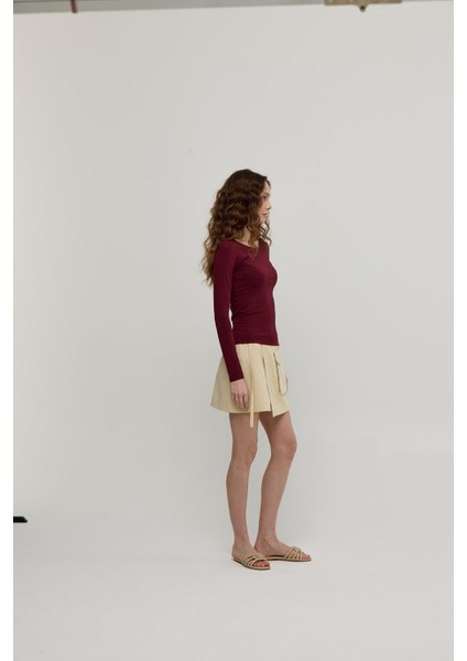 Kadın Bordo Geniş Yakalı Uzun Kollu T-Shirt indirimleri