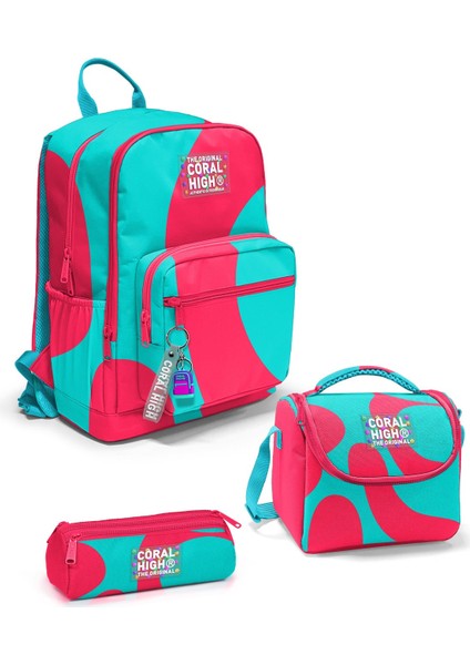 Neon Mercan Turkuaz Desenli 3’lü Okul Çanta Seti SET0123685