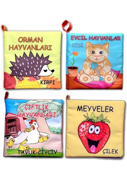 4 Kitap Tox Meyveler , Çiftlik , Orman ve Evcil Hayvanlar Kumaş Sessiz Kitap T055 T049 T058 T110 - Bez Kitap , Eğitici Oyuncak , Yumuşak ve Hışırtılı