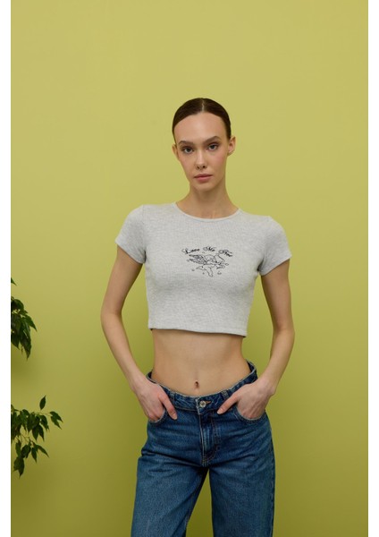 Kadın Kar Melanj Kısa Kollu Baskılı Tshirt