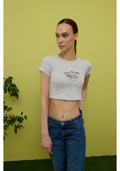 Kadın Kar Melanj Kısa Kollu Baskılı Tshirt fiyatları