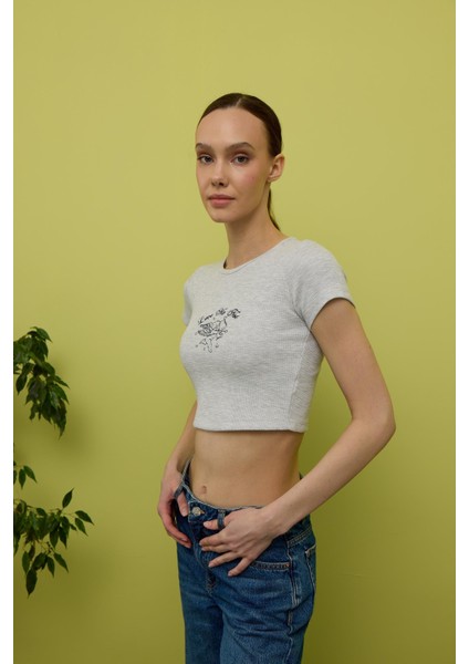 Kadın Kar Melanj Kısa Kollu Baskılı Tshirt fırsatları