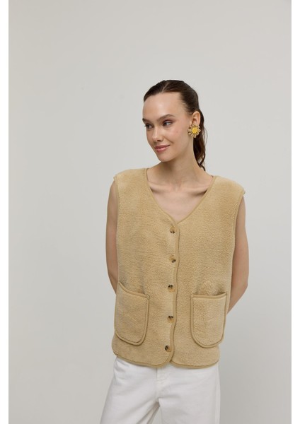 Kadın Camel Cepli Sıfır Kol Iliklenebilir Peluş Yelek