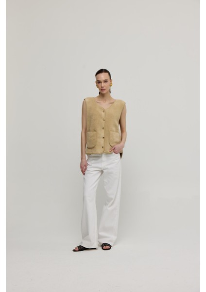 Kadın Camel Cepli Sıfır Kol Iliklenebilir Peluş Yelek modelleri