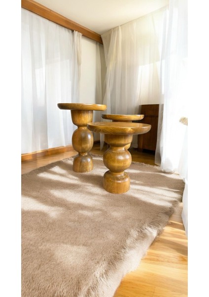Wood Wooden Ahşap 3’lü Set Vazo Model Mantar Yan Sehpa Modern Tütün Renk Fiskos