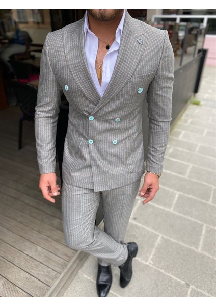 Açık Gri Renk Turkuaz Çizgili,kruvaze Takım Elbise Slim Fit Italyan Stil | Agustini