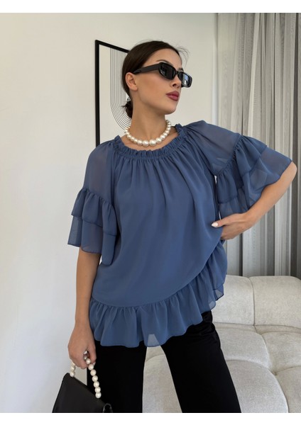 Yaka Lastikli Şifon Bluz 6022-İNDIGO