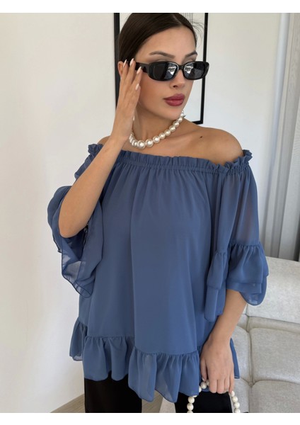 Yaka Lastikli Şifon Bluz 6022-İNDIGO fiyatları