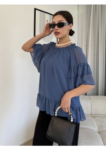 Yaka Lastikli Şifon Bluz 6022-İNDIGO modelleri